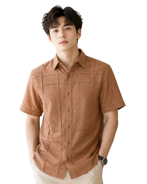 Men's Textured Cuban Collar Short Sleeve Casual Shirt – Premium Cotton Blend Summer Button-Up | Brown