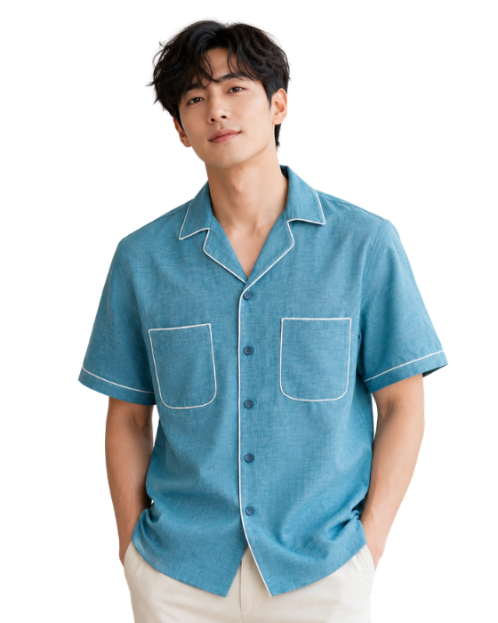Men's Sky Blue Contrast Piping Cuban Collar Half Sleeve Casual Shirt