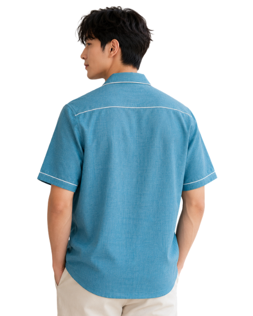 Men's Sky Blue Contrast Piping Cuban Collar Half Sleeve Casual Shirt