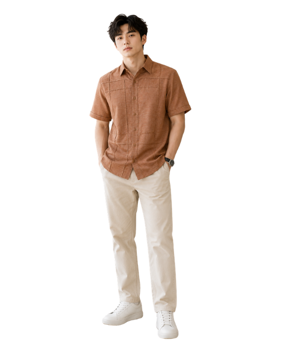 Men's Textured Cuban Collar Short Sleeve Casual Shirt – Premium Cotton Blend Summer Button-Up | Brown