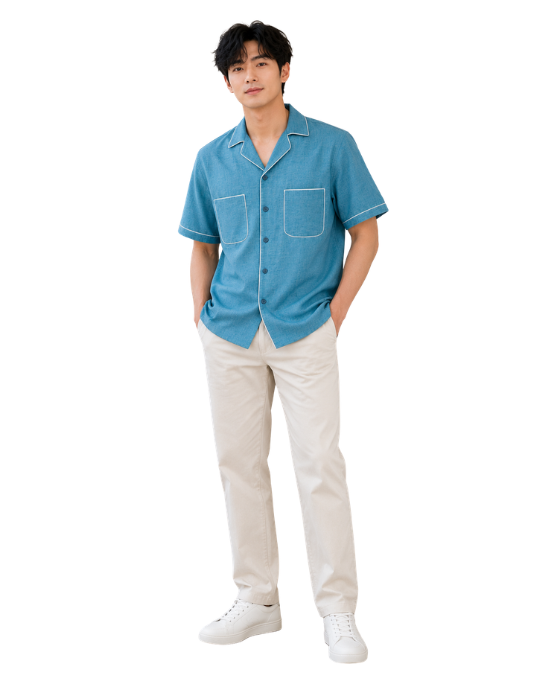 Men's Sky Blue Contrast Piping Cuban Collar Half Sleeve Casual Shirt