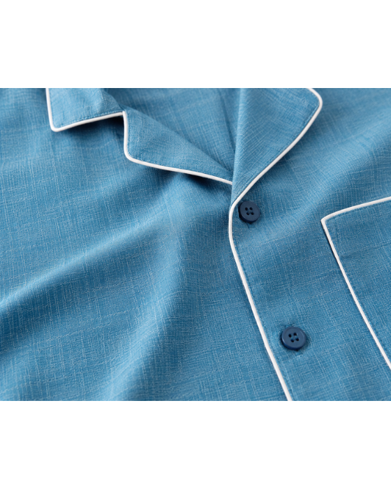 Men's Sky Blue Contrast Piping Cuban Collar Half Sleeve Casual Shirt
